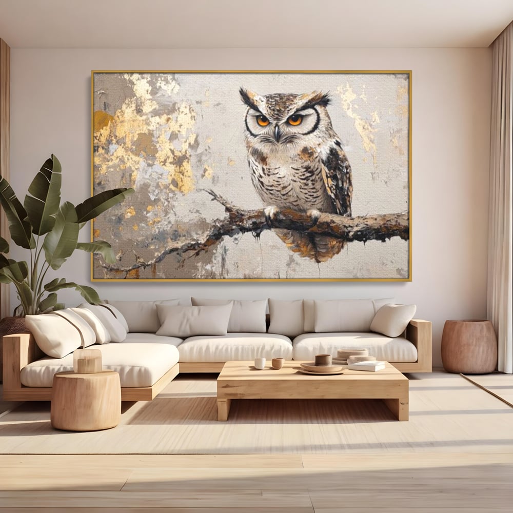 Tablou Canvas Premium, LuxCanva® M1065, Veghere in Praf de Aur, Bufnita, Auriu, Abstract, Pictura, Pasari, Ramura, Textura, Mister, Intelepciune, Birou, Living, Camera Copil
