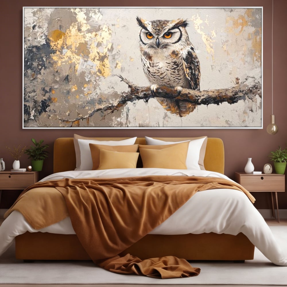 Tablou Canvas Premium, LuxCanva® M1065, Veghere in Praf de Aur, Bufnita, Auriu, Abstract, Pictura, Pasari, Ramura, Textura, Mister, Intelepciune, Birou, Living, Camera Copil