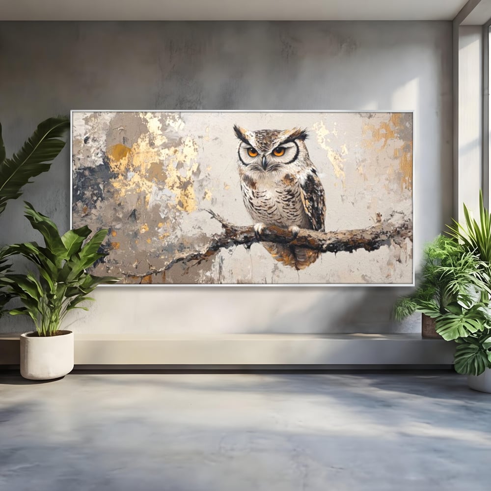 Tablou Canvas Premium, LuxCanva® M1065, Veghere in Praf de Aur, Bufnita, Auriu, Abstract, Pictura, Pasari, Ramura, Textura, Mister, Intelepciune, Birou, Living, Camera Copil