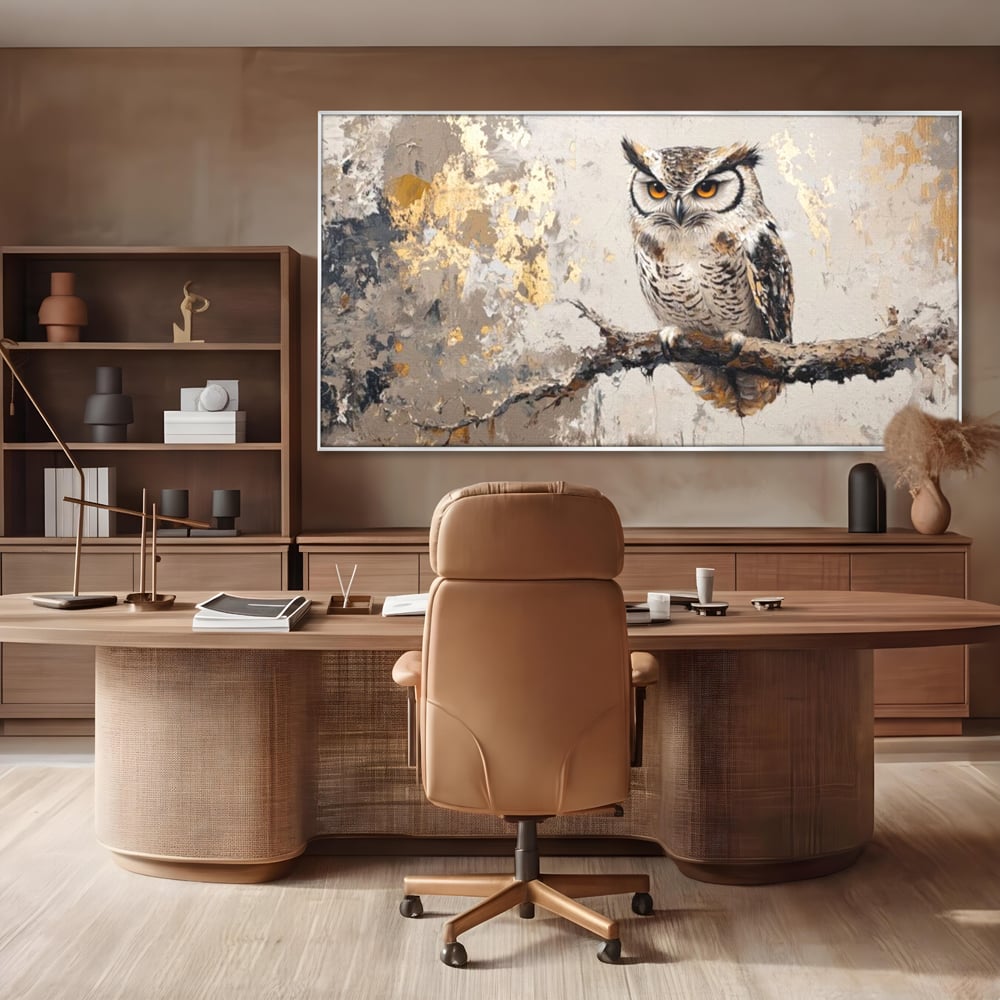 Tablou Canvas Premium, LuxCanva® M1065, Veghere in Praf de Aur, Bufnita, Auriu, Abstract, Pictura, Pasari, Ramura, Textura, Mister, Intelepciune, Birou, Living, Camera Copil