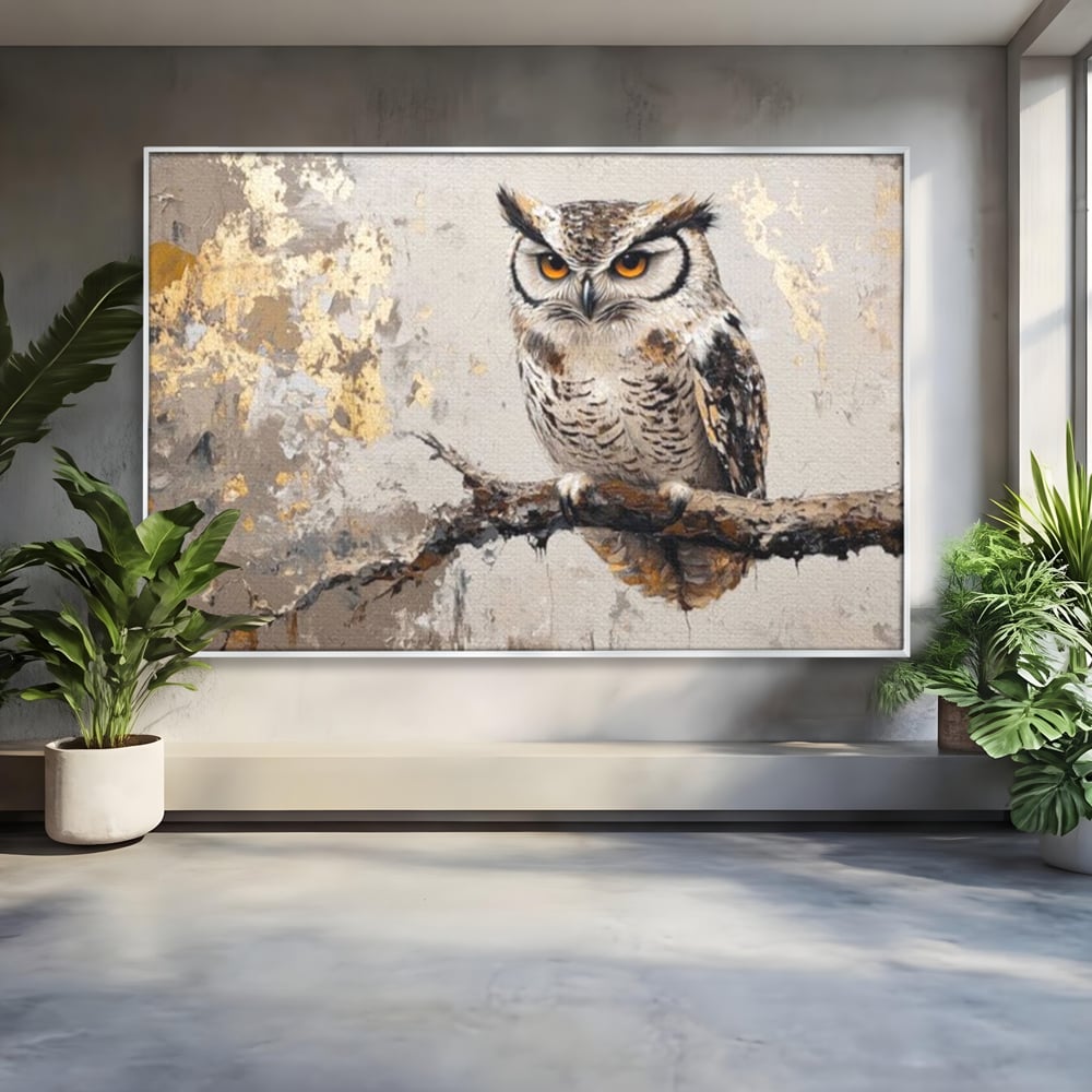 Tablou Canvas Premium, LuxCanva® M1065, Veghere in Praf de Aur, Bufnita, Auriu, Abstract, Pictura, Pasari, Ramura, Textura, Mister, Intelepciune, Birou, Living, Camera Copil