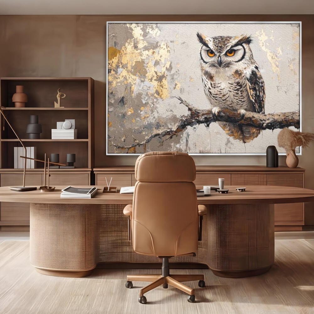 Tablou Canvas Premium, LuxCanva® M1065, Veghere in Praf de Aur, Bufnita, Auriu, Abstract, Pictura, Pasari, Ramura, Textura, Mister, Intelepciune, Birou, Living, Camera Copil