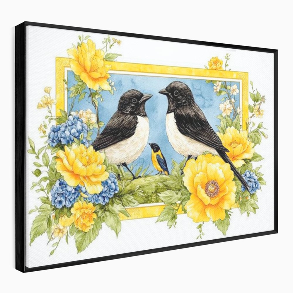 Tablou Canvas Premium, LuxCanva® M1066, Portret de Primavara, Familie, Cuib, Pasari, Flori, Dimineata, Primavara, Pastel, Botanica, Natura, Birou, Living, Camera Copil