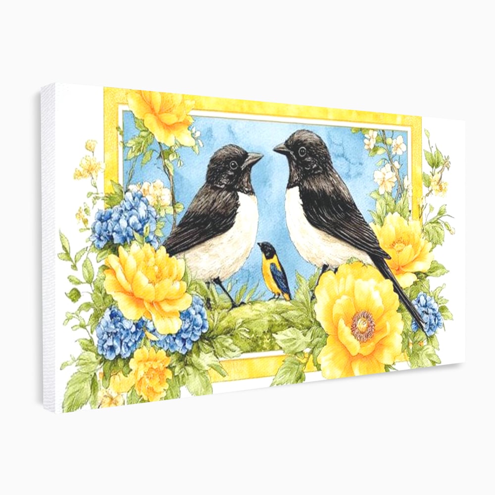 Tablou Canvas Premium, LuxCanva® M1066, Portret de Primavara, Familie, Cuib, Pasari, Flori, Dimineata, Primavara, Pastel, Botanica, Natura, Birou, Living, Camera Copil