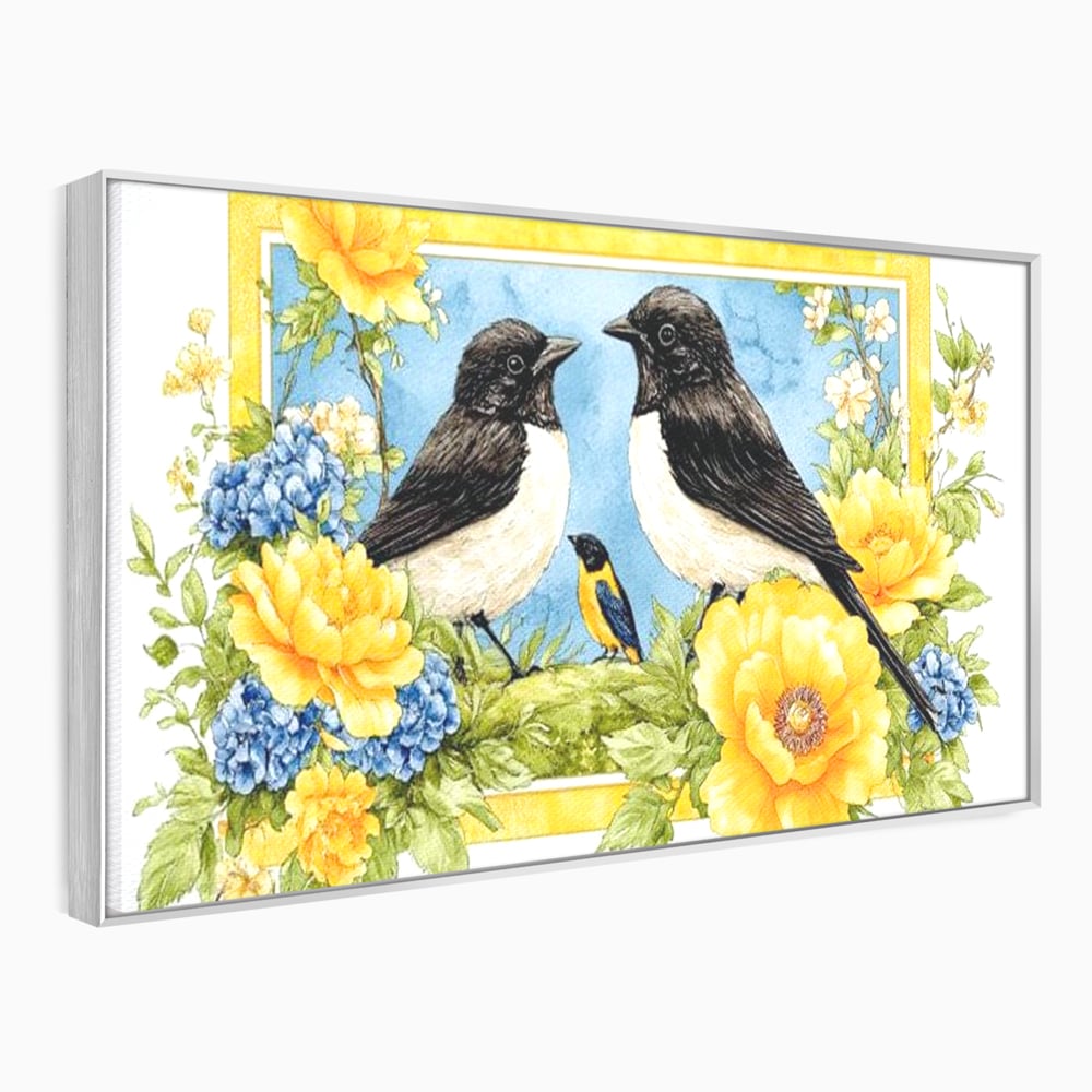 Tablou Canvas Premium, LuxCanva® M1066, Portret de Primavara, Familie, Cuib, Pasari, Flori, Dimineata, Primavara, Pastel, Botanica, Natura, Birou, Living, Camera Copil