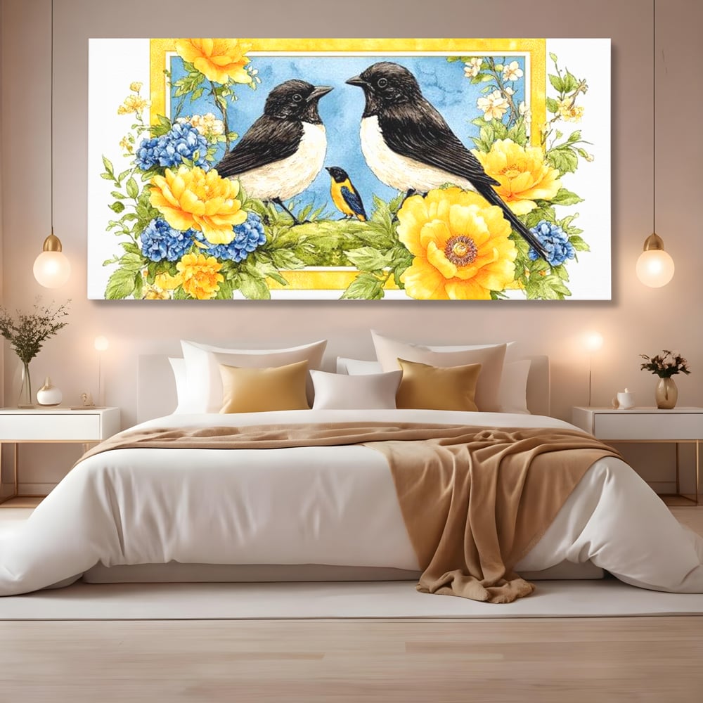 Tablou Canvas Premium, LuxCanva® M1066, Portret de Primavara, Familie, Cuib, Pasari, Flori, Dimineata, Primavara, Pastel, Botanica, Natura, Birou, Living, Camera Copil