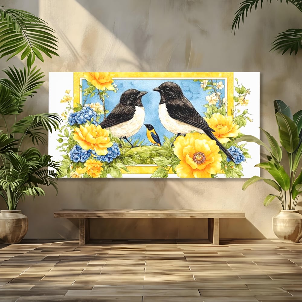 Tablou Canvas Premium, LuxCanva® M1066, Portret de Primavara, Familie, Cuib, Pasari, Flori, Dimineata, Primavara, Pastel, Botanica, Natura, Birou, Living, Camera Copil
