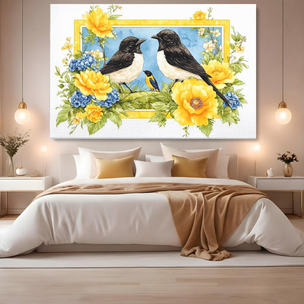 Tablou Canvas Premium, LuxCanva® M1066, Portret de Primavara, Familie, Cuib, Pasari, Flori, Dimineata, Primavara, Pastel, Botanica, Natura, Birou, Living, Camera Copil