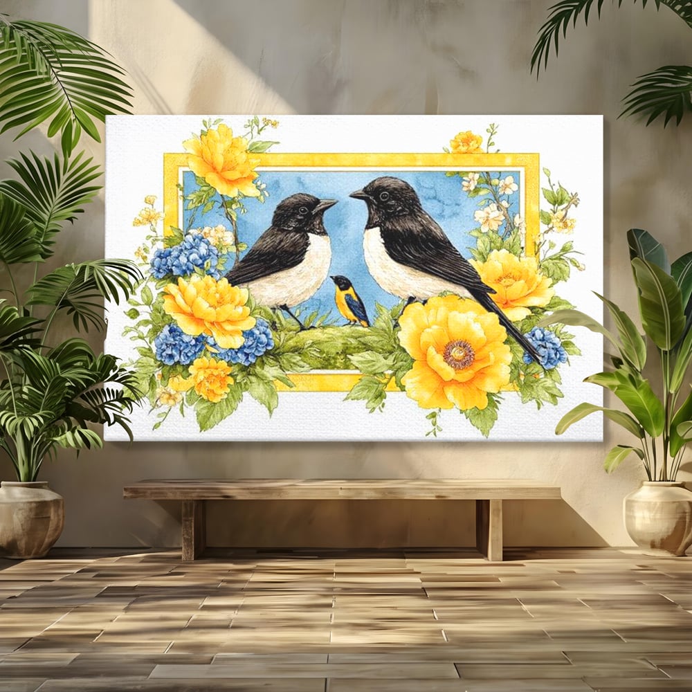 Tablou Canvas Premium, LuxCanva® M1066, Portret de Primavara, Familie, Cuib, Pasari, Flori, Dimineata, Primavara, Pastel, Botanica, Natura, Birou, Living, Camera Copil