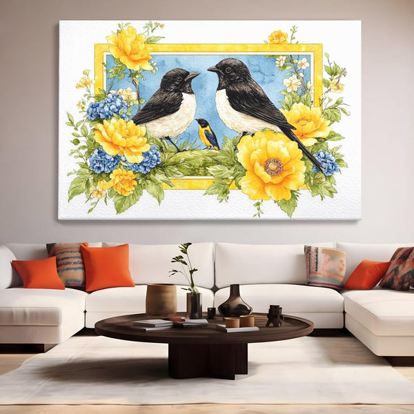 Tablou Canvas Premium, LuxCanva® M1066, Portret de Primavara, Familie, Cuib, Pasari, Flori, Dimineata, Primavara, Pastel, Botanica, Natura, Birou, Living, Camera Copil