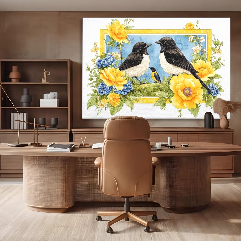 Tablou Canvas Premium, LuxCanva® M1066, Portret de Primavara, Familie, Cuib, Pasari, Flori, Dimineata, Primavara, Pastel, Botanica, Natura, Birou, Living, Camera Copil