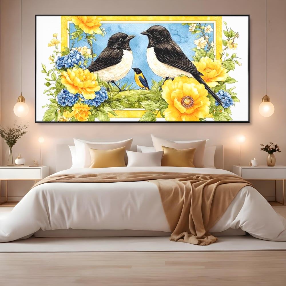 Tablou Canvas Premium, LuxCanva® M1066, Portret de Primavara, Familie, Cuib, Pasari, Flori, Dimineata, Primavara, Pastel, Botanica, Natura, Birou, Living, Camera Copil