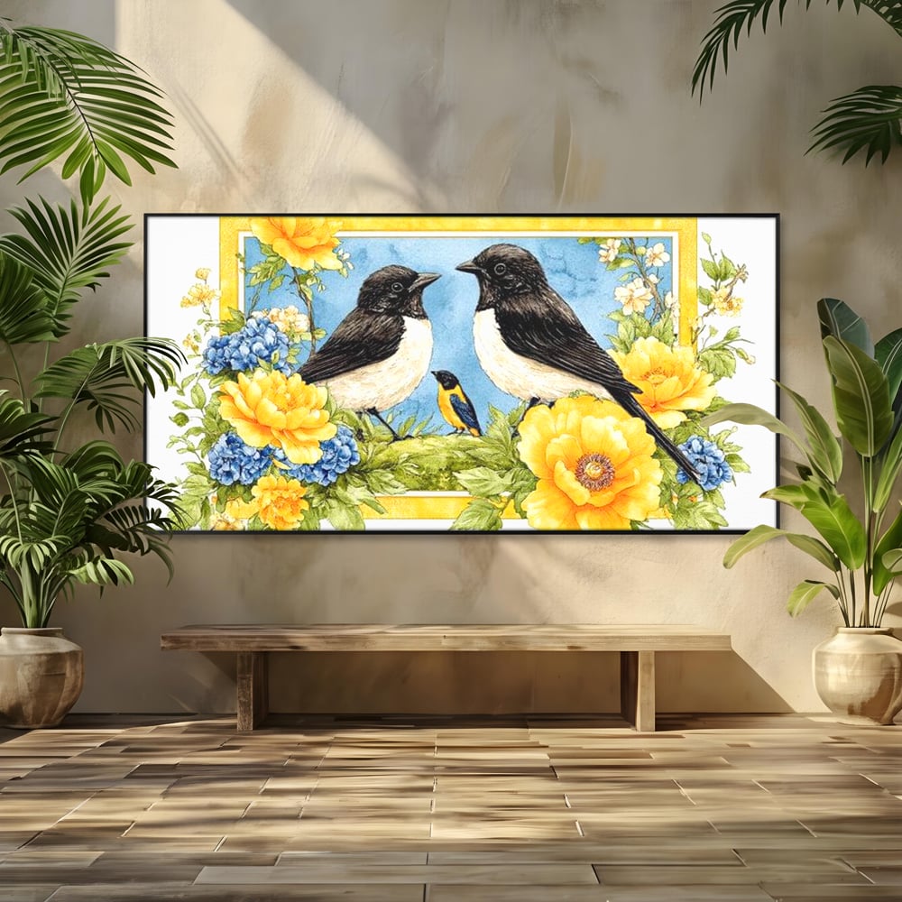Tablou Canvas Premium, LuxCanva® M1066, Portret de Primavara, Familie, Cuib, Pasari, Flori, Dimineata, Primavara, Pastel, Botanica, Natura, Birou, Living, Camera Copil