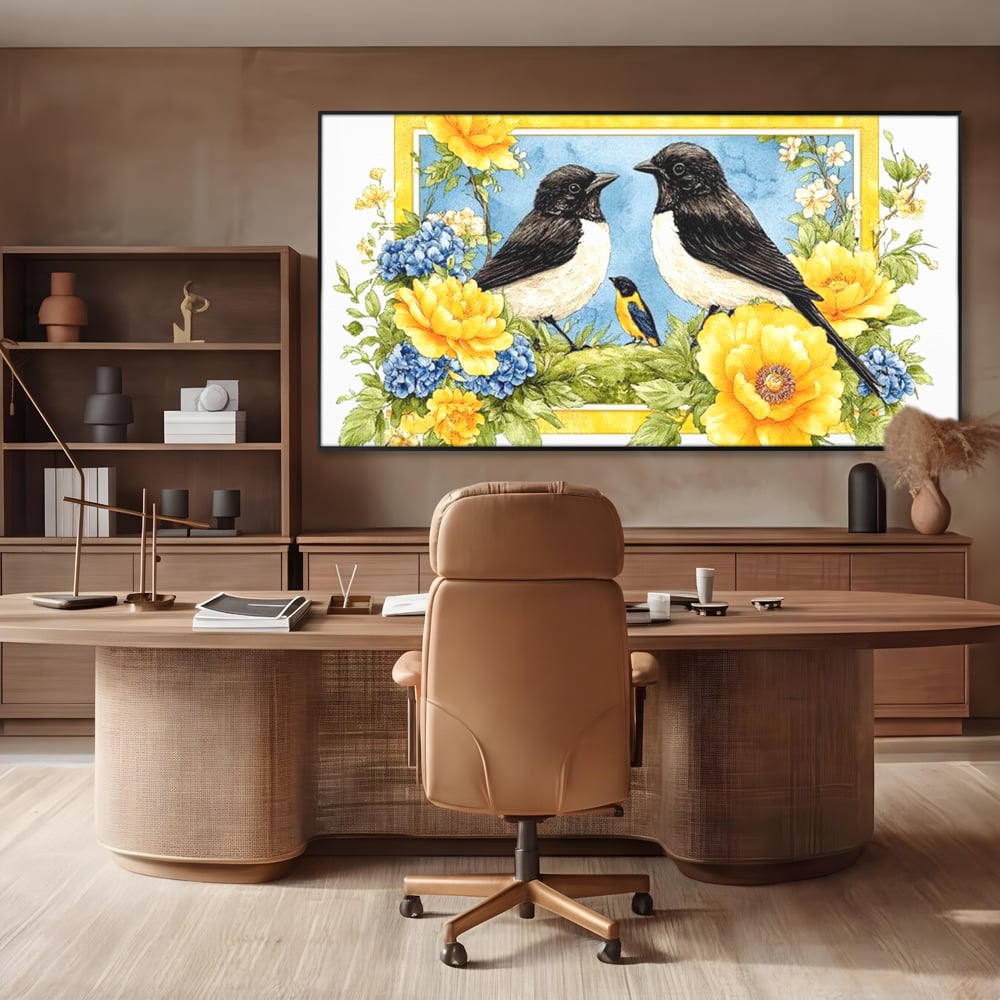 Tablou Canvas Premium, LuxCanva® M1066, Portret de Primavara, Familie, Cuib, Pasari, Flori, Dimineata, Primavara, Pastel, Botanica, Natura, Birou, Living, Camera Copil