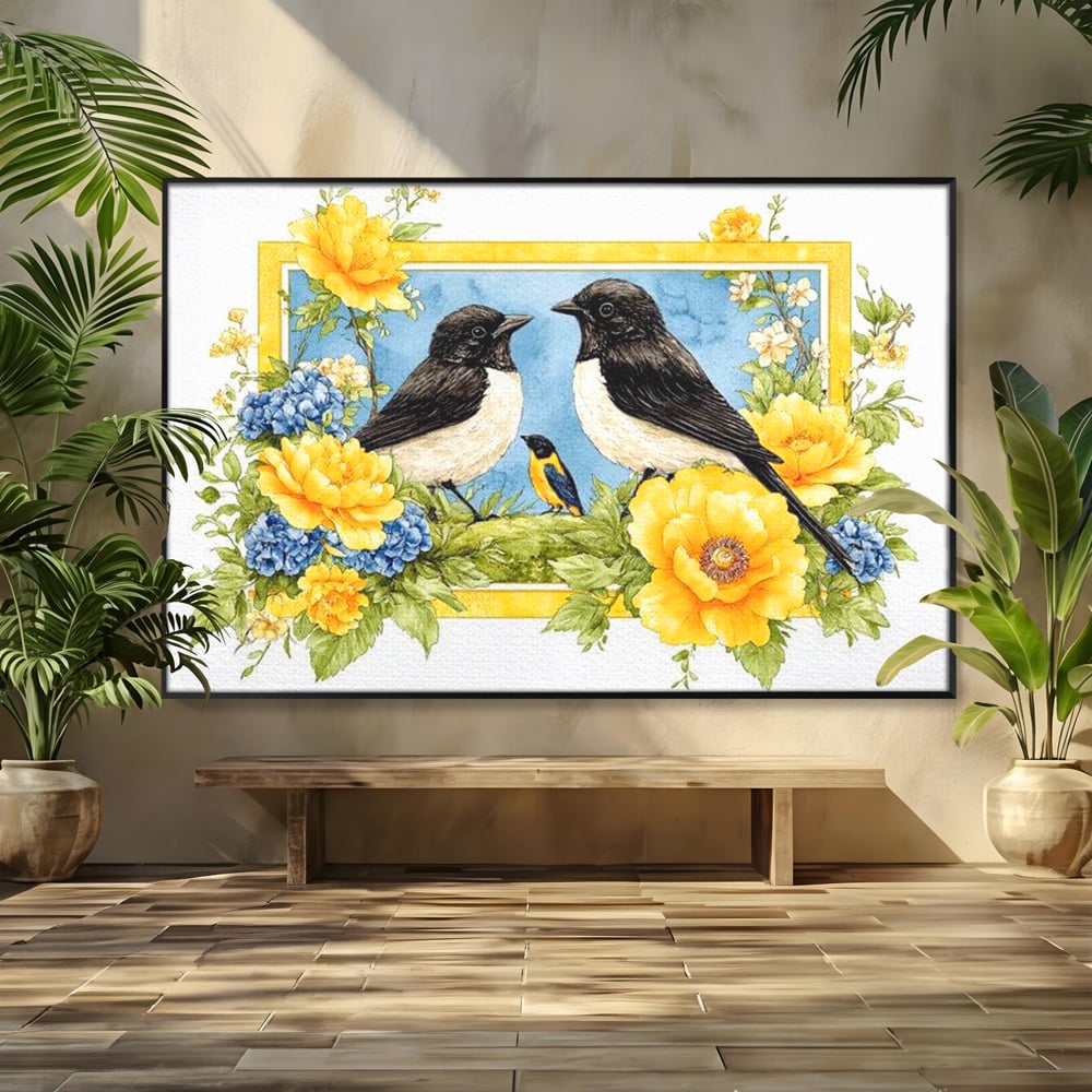 Tablou Canvas Premium, LuxCanva® M1066, Portret de Primavara, Familie, Cuib, Pasari, Flori, Dimineata, Primavara, Pastel, Botanica, Natura, Birou, Living, Camera Copil