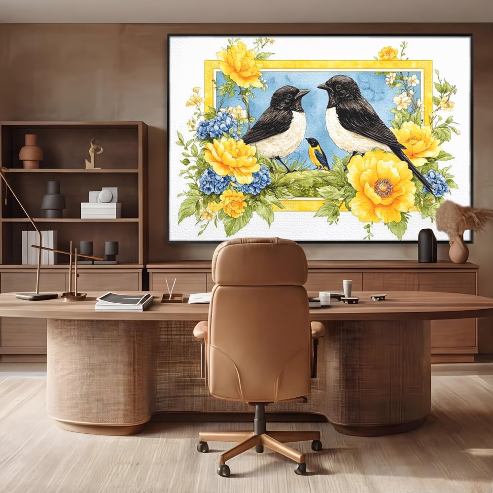Tablou Canvas Premium, LuxCanva® M1066, Portret de Primavara, Familie, Cuib, Pasari, Flori, Dimineata, Primavara, Pastel, Botanica, Natura, Birou, Living, Camera Copil
