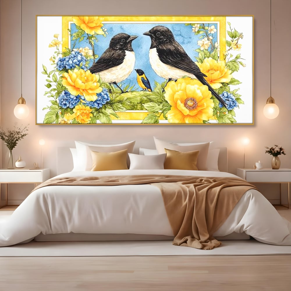 Tablou Canvas Premium, LuxCanva® M1066, Portret de Primavara, Familie, Cuib, Pasari, Flori, Dimineata, Primavara, Pastel, Botanica, Natura, Birou, Living, Camera Copil