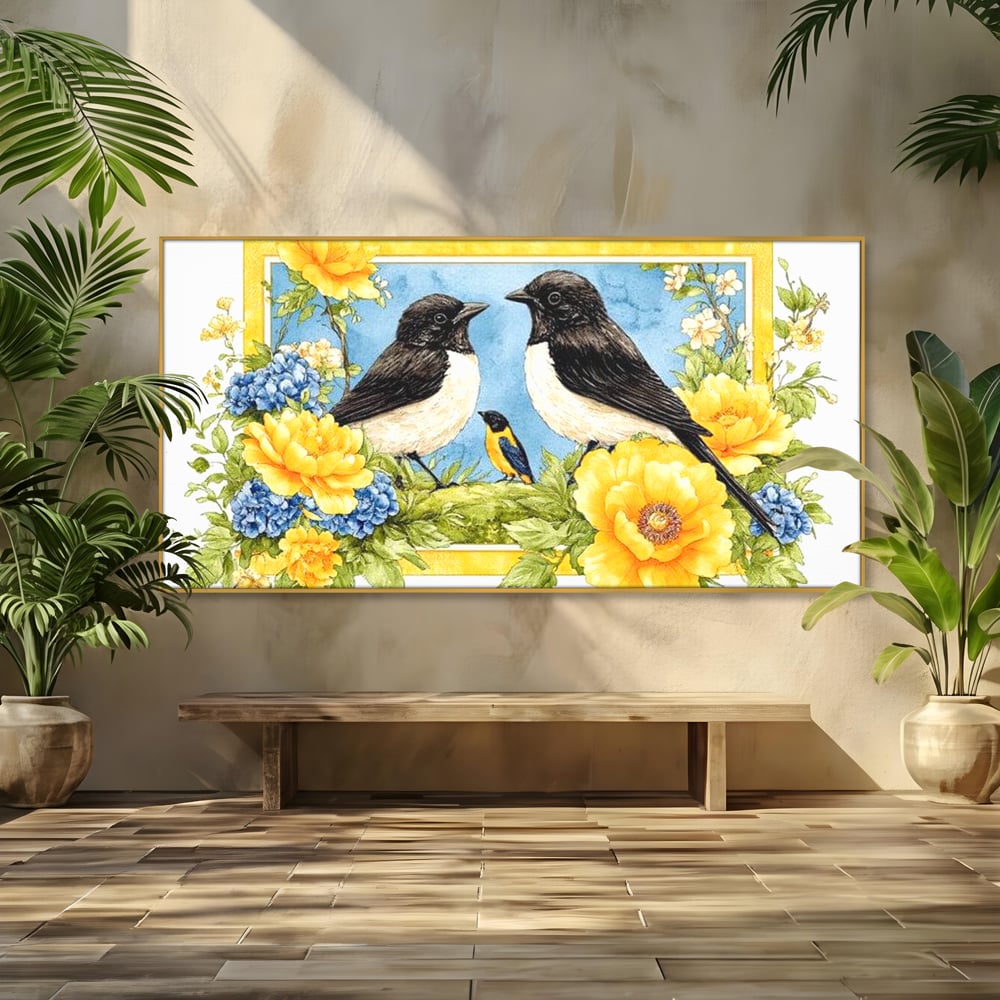 Tablou Canvas Premium, LuxCanva® M1066, Portret de Primavara, Familie, Cuib, Pasari, Flori, Dimineata, Primavara, Pastel, Botanica, Natura, Birou, Living, Camera Copil