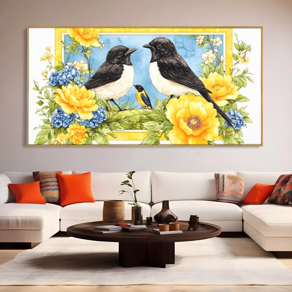 Tablou Canvas Premium, LuxCanva® M1066, Portret de Primavara, Familie, Cuib, Pasari, Flori, Dimineata, Primavara, Pastel, Botanica, Natura, Birou, Living, Camera Copil