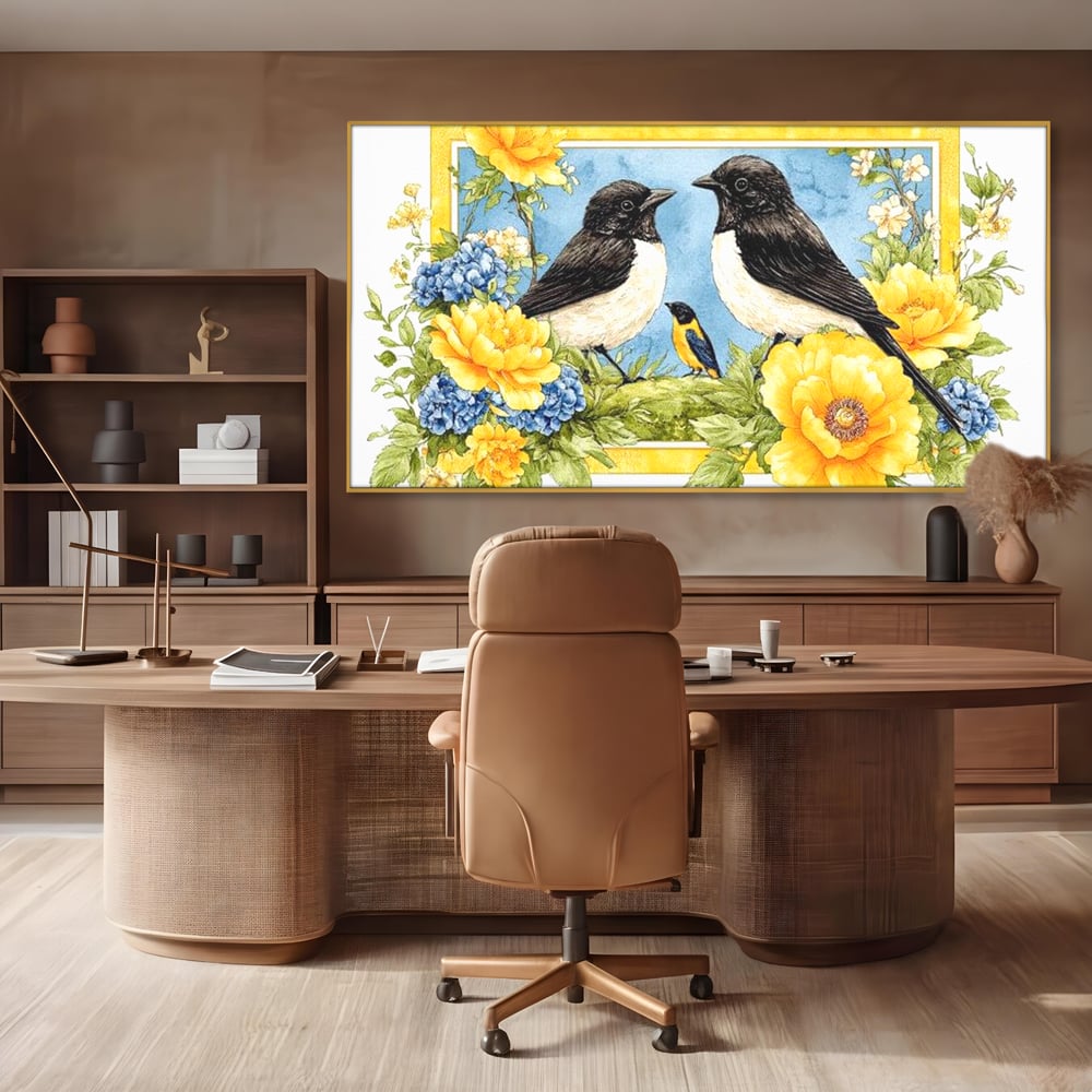 Tablou Canvas Premium, LuxCanva® M1066, Portret de Primavara, Familie, Cuib, Pasari, Flori, Dimineata, Primavara, Pastel, Botanica, Natura, Birou, Living, Camera Copil