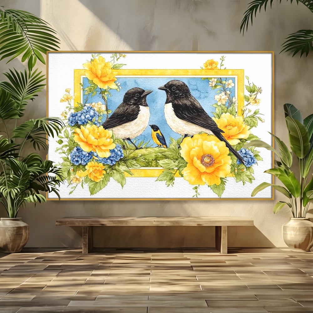 Tablou Canvas Premium, LuxCanva® M1066, Portret de Primavara, Familie, Cuib, Pasari, Flori, Dimineata, Primavara, Pastel, Botanica, Natura, Birou, Living, Camera Copil