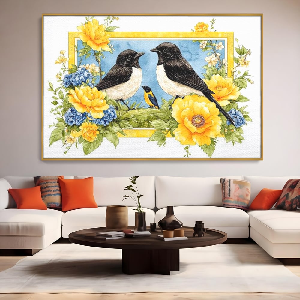 Tablou Canvas Premium, LuxCanva® M1066, Portret de Primavara, Familie, Cuib, Pasari, Flori, Dimineata, Primavara, Pastel, Botanica, Natura, Birou, Living, Camera Copil
