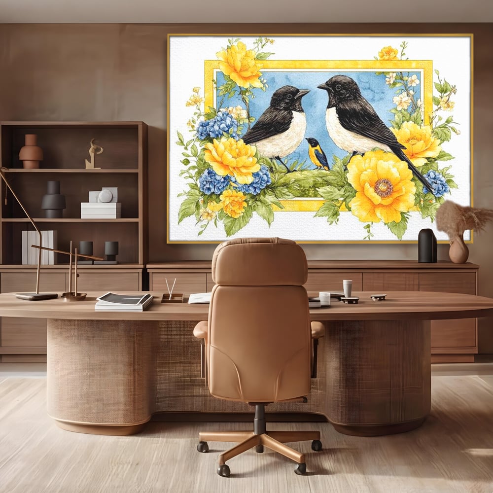 Tablou Canvas Premium, LuxCanva® M1066, Portret de Primavara, Familie, Cuib, Pasari, Flori, Dimineata, Primavara, Pastel, Botanica, Natura, Birou, Living, Camera Copil