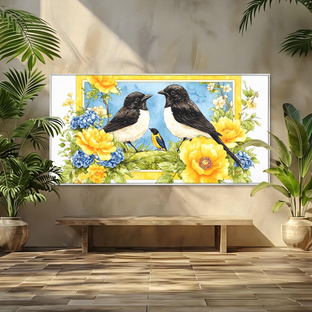 Tablou Canvas Premium, LuxCanva® M1066, Portret de Primavara, Familie, Cuib, Pasari, Flori, Dimineata, Primavara, Pastel, Botanica, Natura, Birou, Living, Camera Copil