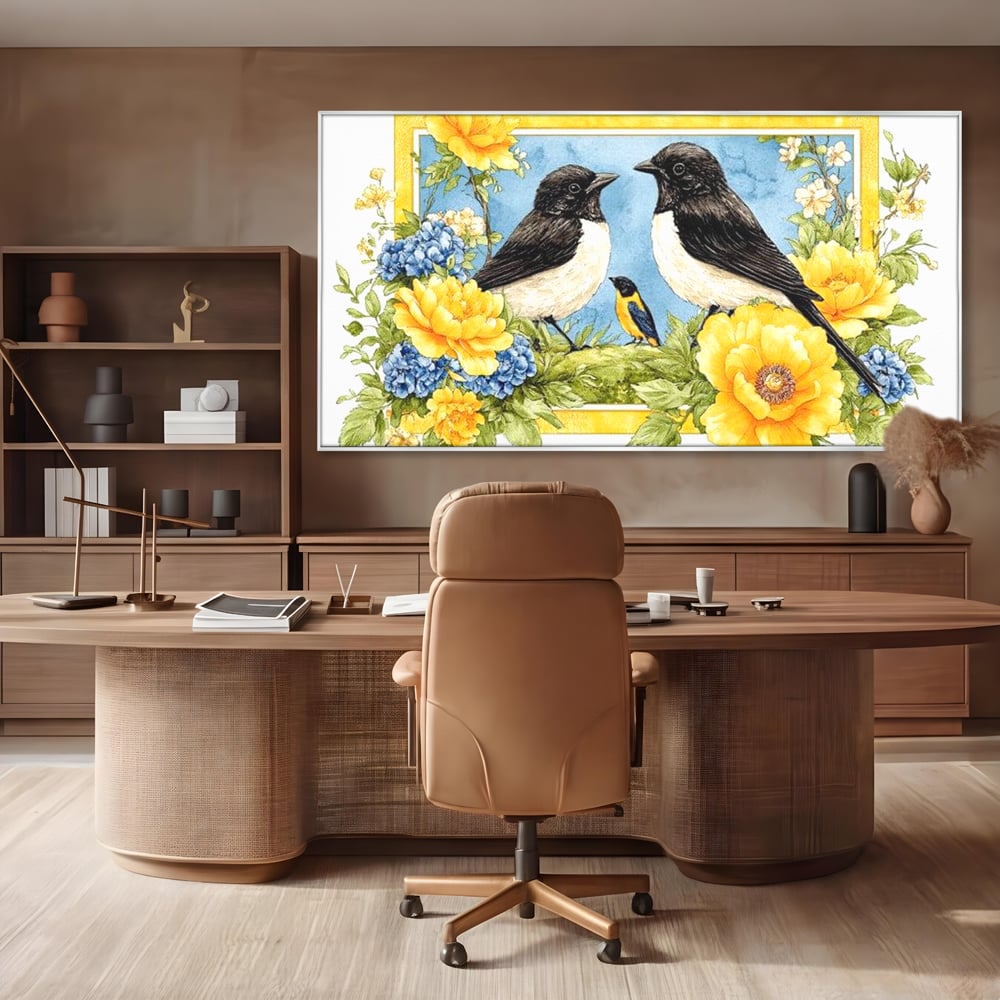 Tablou Canvas Premium, LuxCanva® M1066, Portret de Primavara, Familie, Cuib, Pasari, Flori, Dimineata, Primavara, Pastel, Botanica, Natura, Birou, Living, Camera Copil