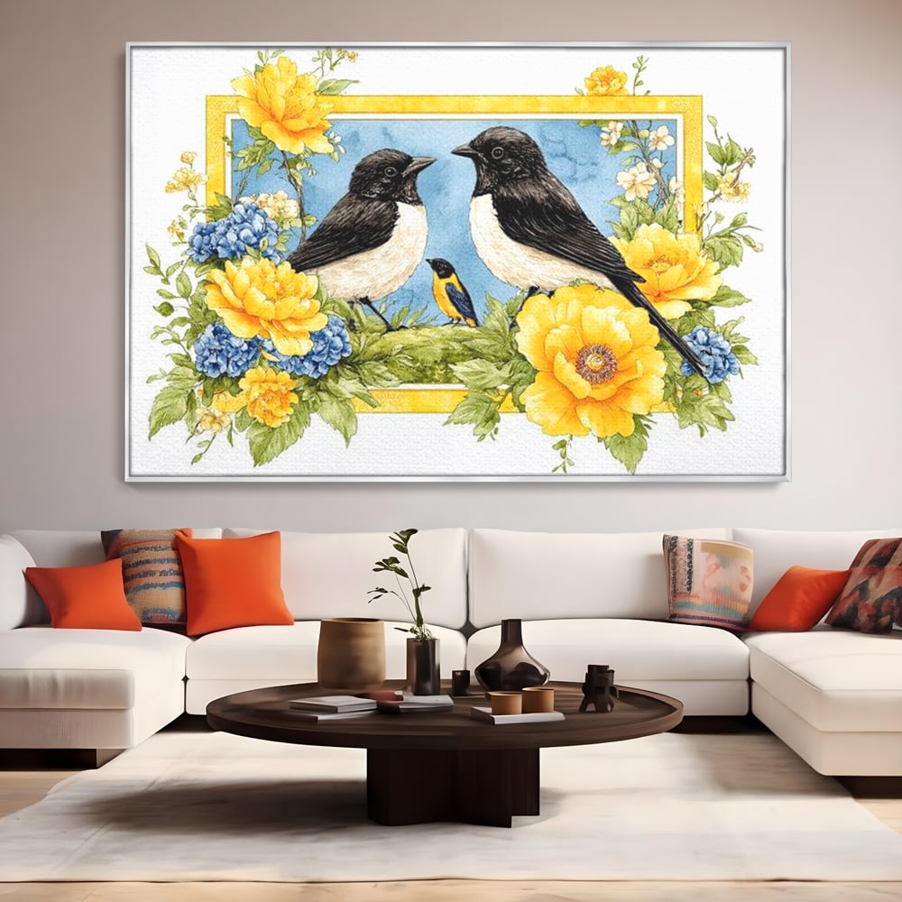 Tablou Canvas Premium, LuxCanva® M1066, Portret de Primavara, Familie, Cuib, Pasari, Flori, Dimineata, Primavara, Pastel, Botanica, Natura, Birou, Living, Camera Copil