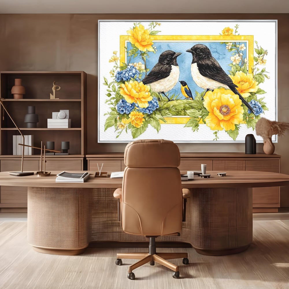 Tablou Canvas Premium, LuxCanva® M1066, Portret de Primavara, Familie, Cuib, Pasari, Flori, Dimineata, Primavara, Pastel, Botanica, Natura, Birou, Living, Camera Copil