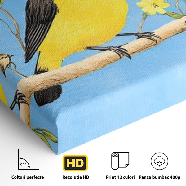 Leinwand Wandkunst Leinwand Wandkunst Premium, LuxCanva® M1067, Kleines Gelbes Universum, Vögel, Gelb, Frühling, Familie, Familie, Zweig, Blumen, Blumen, Huhn, Harmonie, Baby, Büro, Wohnen, Kinderzimmer