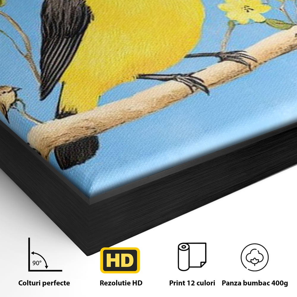 Leinwand Wandkunst Leinwand Wandkunst Premium, LuxCanva® M1067, Kleines Gelbes Universum, Vögel, Gelb, Frühling, Familie, Familie, Zweig, Blumen, Blumen, Huhn, Harmonie, Baby, Büro, Wohnen, Kinderzimmer