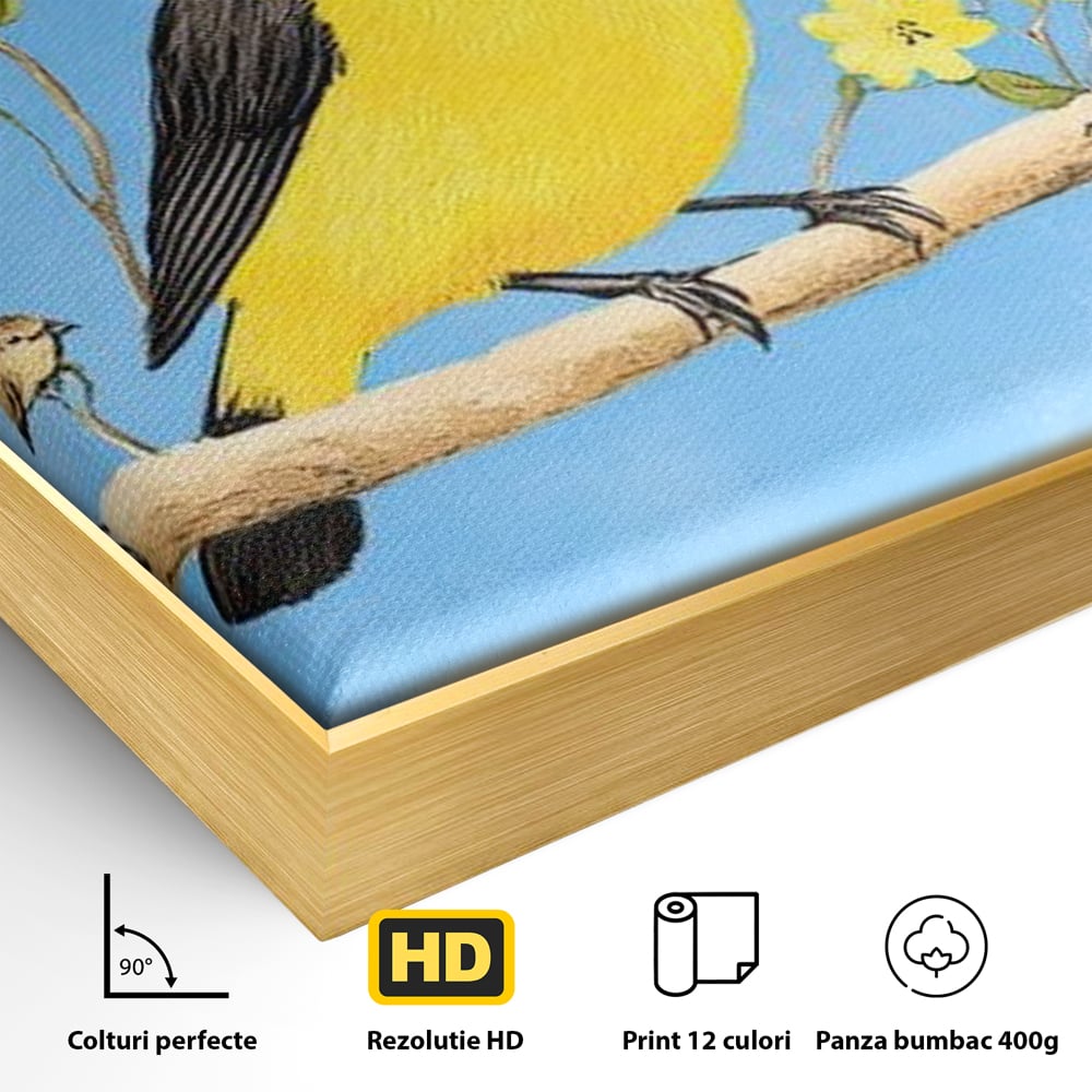 Leinwand Wandkunst Leinwand Wandkunst Premium, LuxCanva® M1067, Kleines Gelbes Universum, Vögel, Gelb, Frühling, Familie, Familie, Zweig, Blumen, Blumen, Huhn, Harmonie, Baby, Büro, Wohnen, Kinderzimmer