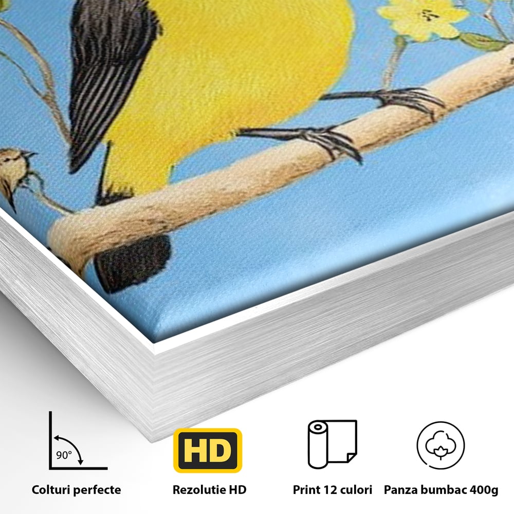 Leinwand Wandkunst Leinwand Wandkunst Premium, LuxCanva® M1067, Kleines Gelbes Universum, Vögel, Gelb, Frühling, Familie, Familie, Zweig, Blumen, Blumen, Huhn, Harmonie, Baby, Büro, Wohnen, Kinderzimmer