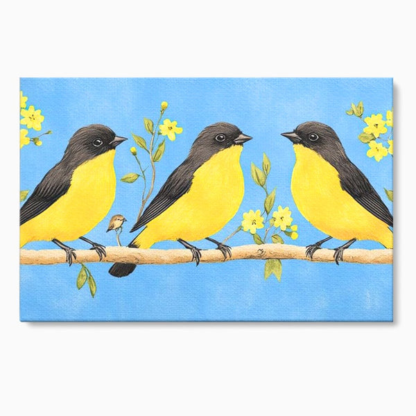 Leinwand Wandkunst Leinwand Wandkunst Premium, LuxCanva® M1067, Kleines Gelbes Universum, Vögel, Gelb, Frühling, Familie, Familie, Zweig, Blumen, Blumen, Huhn, Harmonie, Baby, Büro, Wohnen, Kinderzimmer