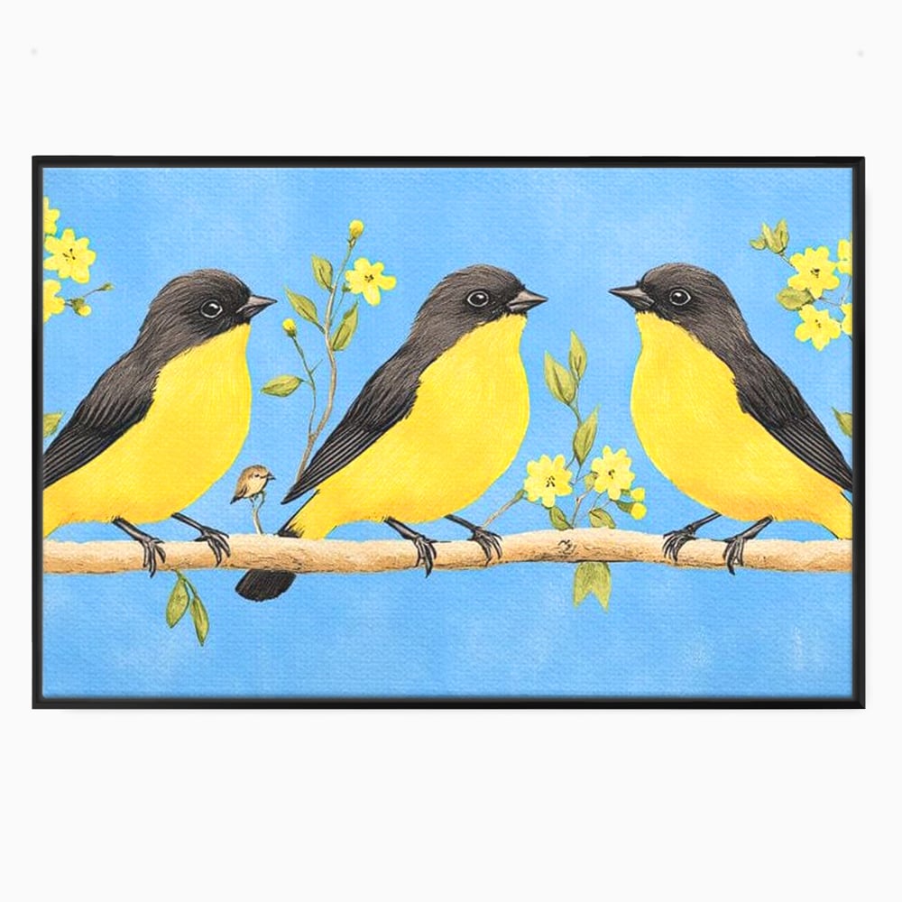 Leinwand Wandkunst Leinwand Wandkunst Premium, LuxCanva® M1067, Kleines Gelbes Universum, Vögel, Gelb, Frühling, Familie, Familie, Zweig, Blumen, Blumen, Huhn, Harmonie, Baby, Büro, Wohnen, Kinderzimmer