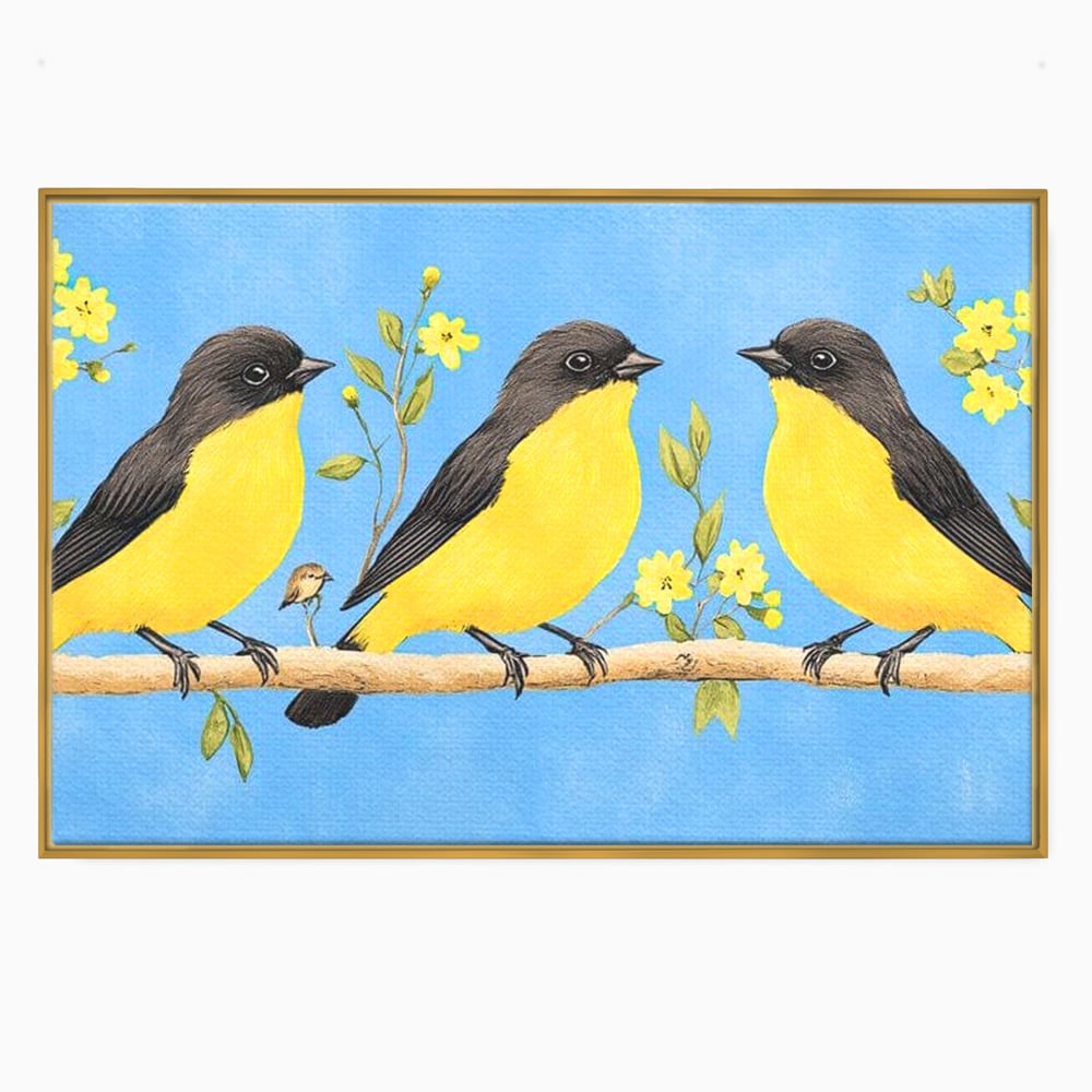 Leinwand Wandkunst Leinwand Wandkunst Premium, LuxCanva® M1067, Kleines Gelbes Universum, Vögel, Gelb, Frühling, Familie, Familie, Zweig, Blumen, Blumen, Huhn, Harmonie, Baby, Büro, Wohnen, Kinderzimmer