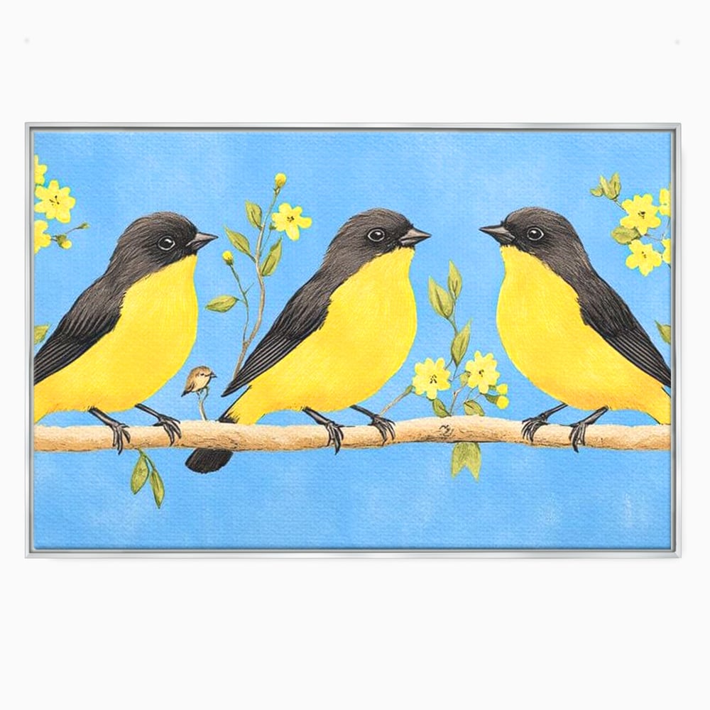 Leinwand Wandkunst Leinwand Wandkunst Premium, LuxCanva® M1067, Kleines Gelbes Universum, Vögel, Gelb, Frühling, Familie, Familie, Zweig, Blumen, Blumen, Huhn, Harmonie, Baby, Büro, Wohnen, Kinderzimmer