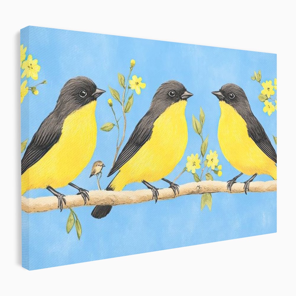Leinwand Wandkunst Leinwand Wandkunst Premium, LuxCanva® M1067, Kleines Gelbes Universum, Vögel, Gelb, Frühling, Familie, Familie, Zweig, Blumen, Blumen, Huhn, Harmonie, Baby, Büro, Wohnen, Kinderzimmer