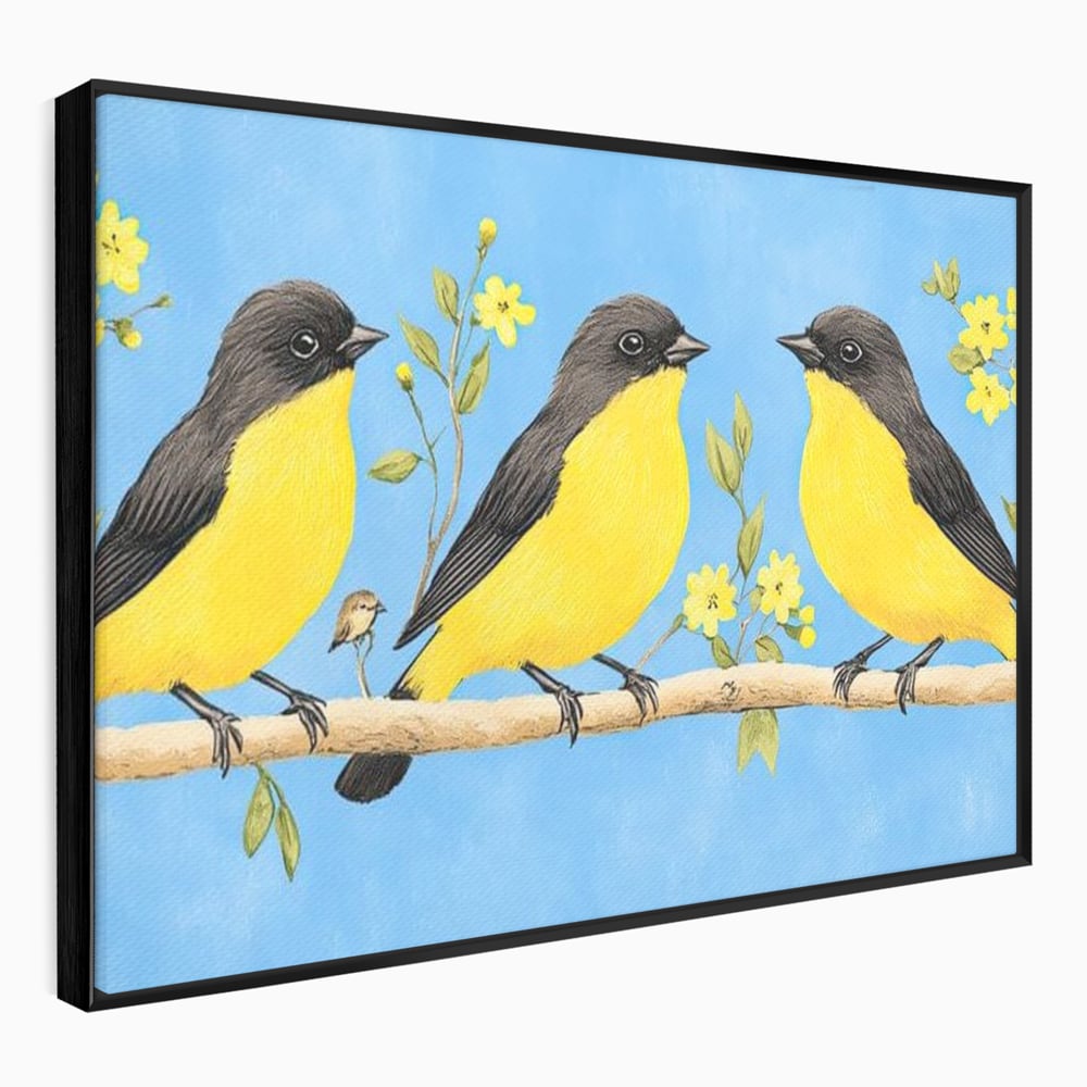 Leinwand Wandkunst Leinwand Wandkunst Premium, LuxCanva® M1067, Kleines Gelbes Universum, Vögel, Gelb, Frühling, Familie, Familie, Zweig, Blumen, Blumen, Huhn, Harmonie, Baby, Büro, Wohnen, Kinderzimmer