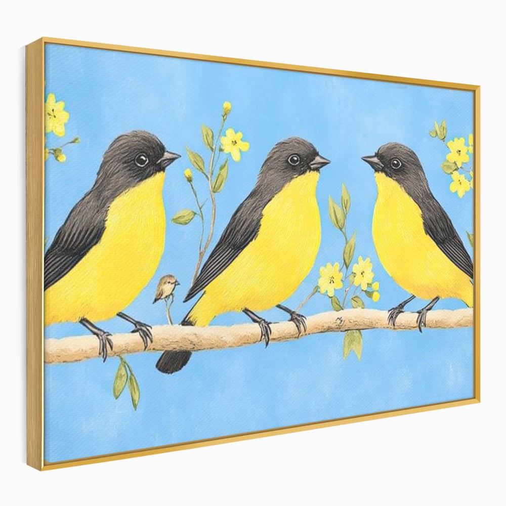 Leinwand Wandkunst Leinwand Wandkunst Premium, LuxCanva® M1067, Kleines Gelbes Universum, Vögel, Gelb, Frühling, Familie, Familie, Zweig, Blumen, Blumen, Huhn, Harmonie, Baby, Büro, Wohnen, Kinderzimmer