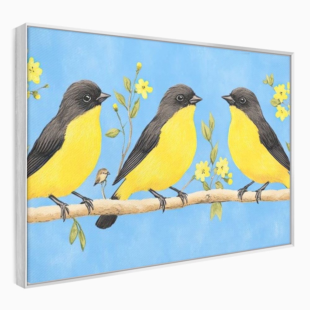 Leinwand Wandkunst Leinwand Wandkunst Premium, LuxCanva® M1067, Kleines Gelbes Universum, Vögel, Gelb, Frühling, Familie, Familie, Zweig, Blumen, Blumen, Huhn, Harmonie, Baby, Büro, Wohnen, Kinderzimmer
