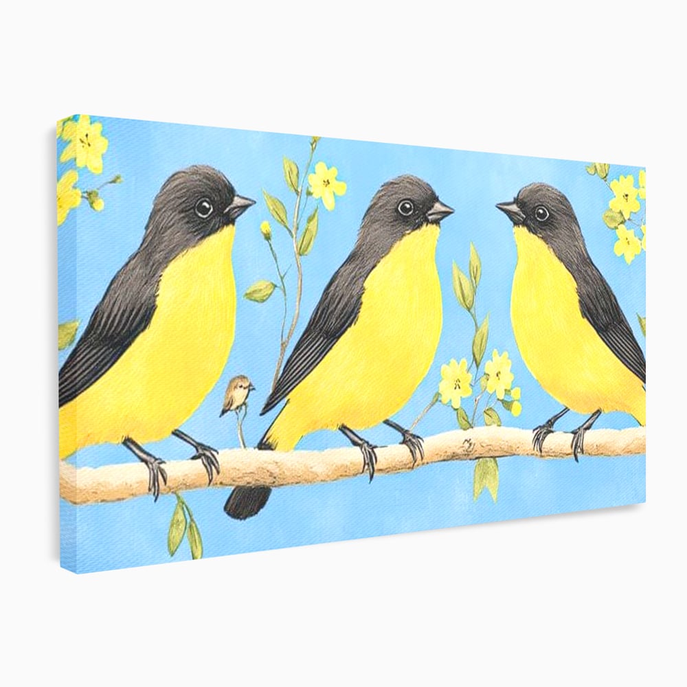 Leinwand Wandkunst Leinwand Wandkunst Premium, LuxCanva® M1067, Kleines Gelbes Universum, Vögel, Gelb, Frühling, Familie, Familie, Zweig, Blumen, Blumen, Huhn, Harmonie, Baby, Büro, Wohnen, Kinderzimmer