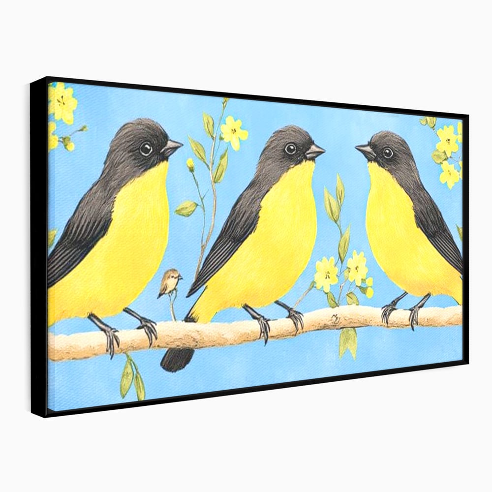 Leinwand Wandkunst Leinwand Wandkunst Premium, LuxCanva® M1067, Kleines Gelbes Universum, Vögel, Gelb, Frühling, Familie, Familie, Zweig, Blumen, Blumen, Huhn, Harmonie, Baby, Büro, Wohnen, Kinderzimmer