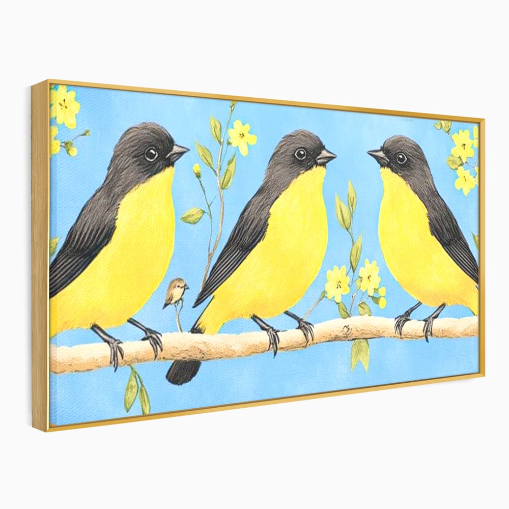 Leinwand Wandkunst Leinwand Wandkunst Premium, LuxCanva® M1067, Kleines Gelbes Universum, Vögel, Gelb, Frühling, Familie, Familie, Zweig, Blumen, Blumen, Huhn, Harmonie, Baby, Büro, Wohnen, Kinderzimmer