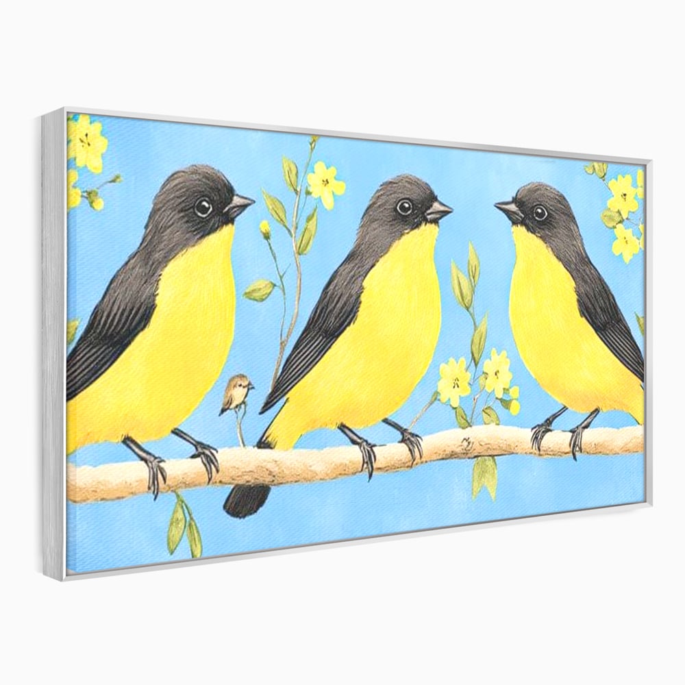 Leinwand Wandkunst Leinwand Wandkunst Premium, LuxCanva® M1067, Kleines Gelbes Universum, Vögel, Gelb, Frühling, Familie, Familie, Zweig, Blumen, Blumen, Huhn, Harmonie, Baby, Büro, Wohnen, Kinderzimmer