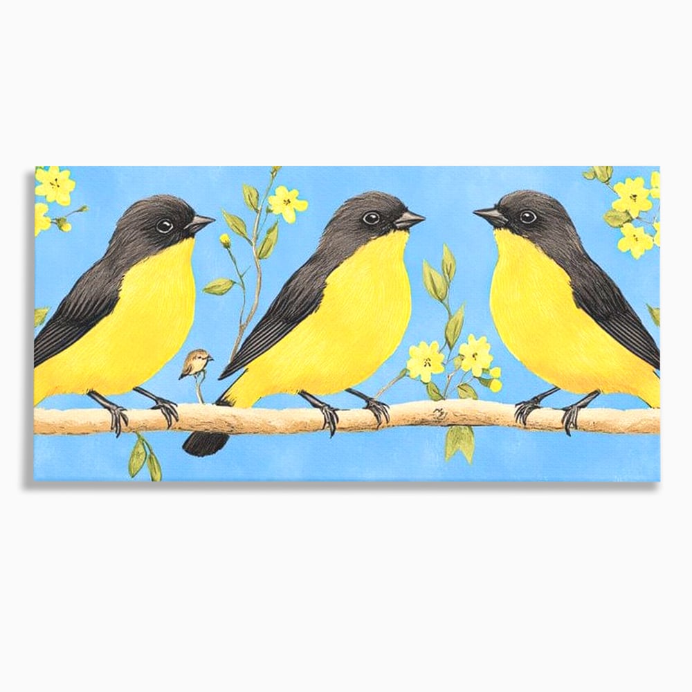 Leinwand Wandkunst Leinwand Wandkunst Premium, LuxCanva® M1067, Kleines Gelbes Universum, Vögel, Gelb, Frühling, Familie, Familie, Zweig, Blumen, Blumen, Huhn, Harmonie, Baby, Büro, Wohnen, Kinderzimmer