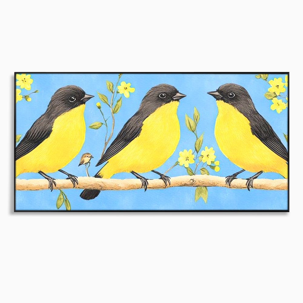 Leinwand Wandkunst Leinwand Wandkunst Premium, LuxCanva® M1067, Kleines Gelbes Universum, Vögel, Gelb, Frühling, Familie, Familie, Zweig, Blumen, Blumen, Huhn, Harmonie, Baby, Büro, Wohnen, Kinderzimmer