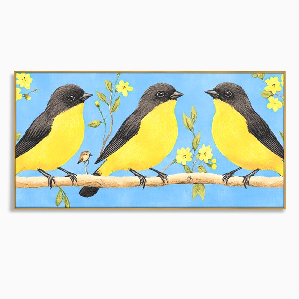 Leinwand Wandkunst Leinwand Wandkunst Premium, LuxCanva® M1067, Kleines Gelbes Universum, Vögel, Gelb, Frühling, Familie, Familie, Zweig, Blumen, Blumen, Huhn, Harmonie, Baby, Büro, Wohnen, Kinderzimmer